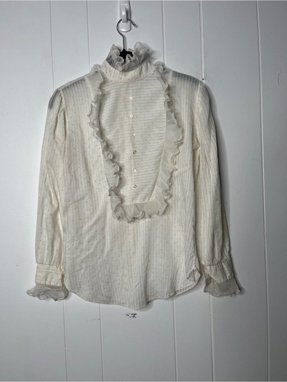 Vintage Handmade Ruffled High-Neck Cream Blouse with Pintuck Detail S/M